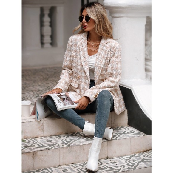 Plaid Lapel Collar Double Breasted Overcoat blazer pea coat cream - Picture 6 of 6